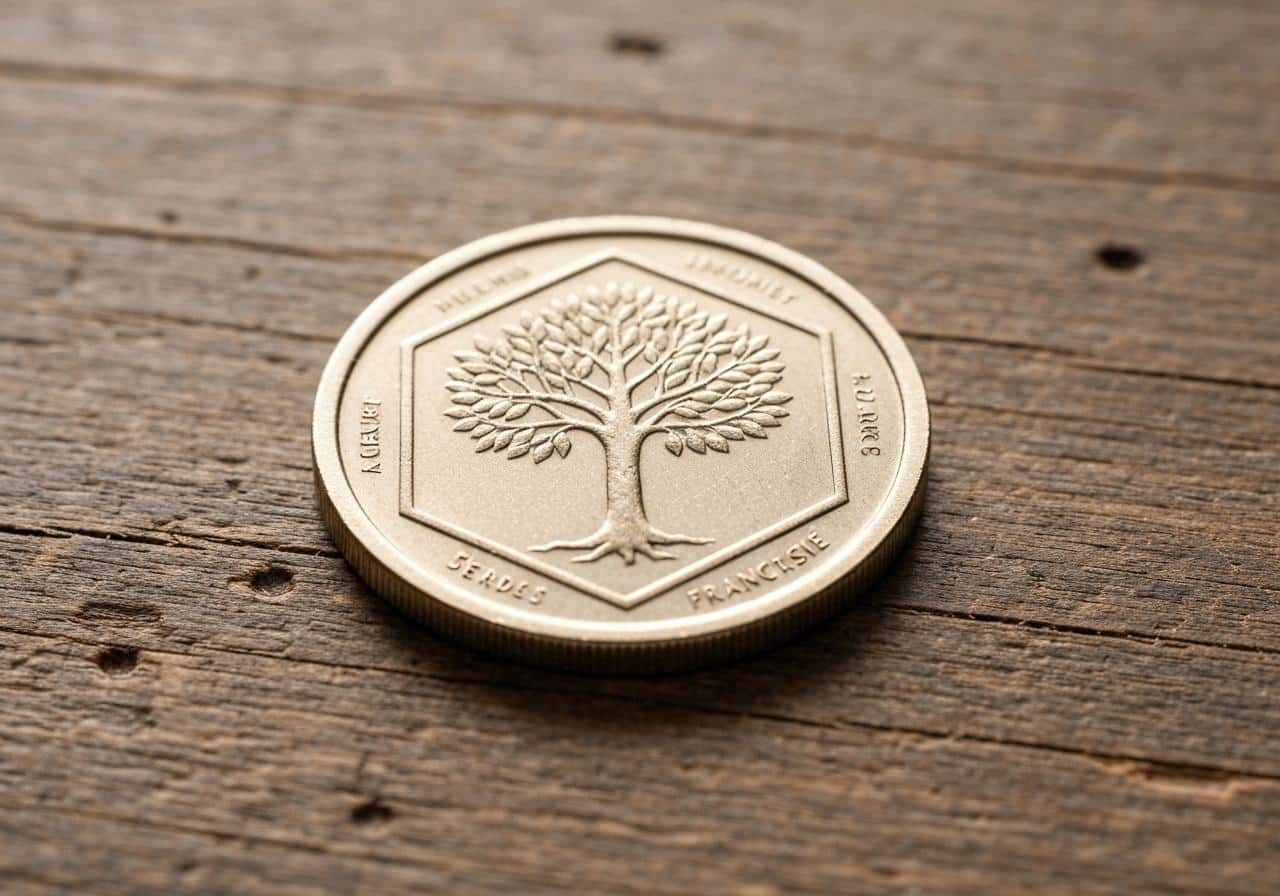 Pièce de 2 euros française Arbre de Vie posée sur une surface en bois