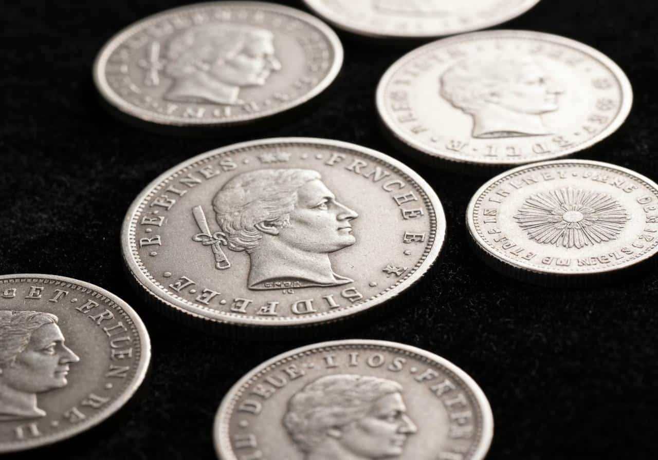 Pièces en argent françaises anciennes sur velours sombre
