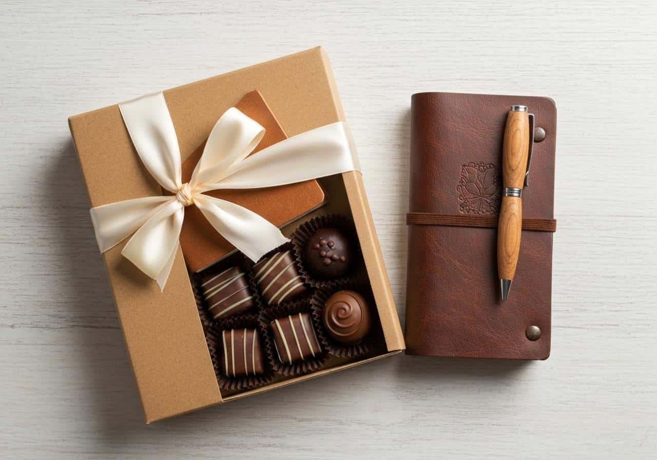 Coffret gourmand artisanal avec chocolats et carnet personnalisé