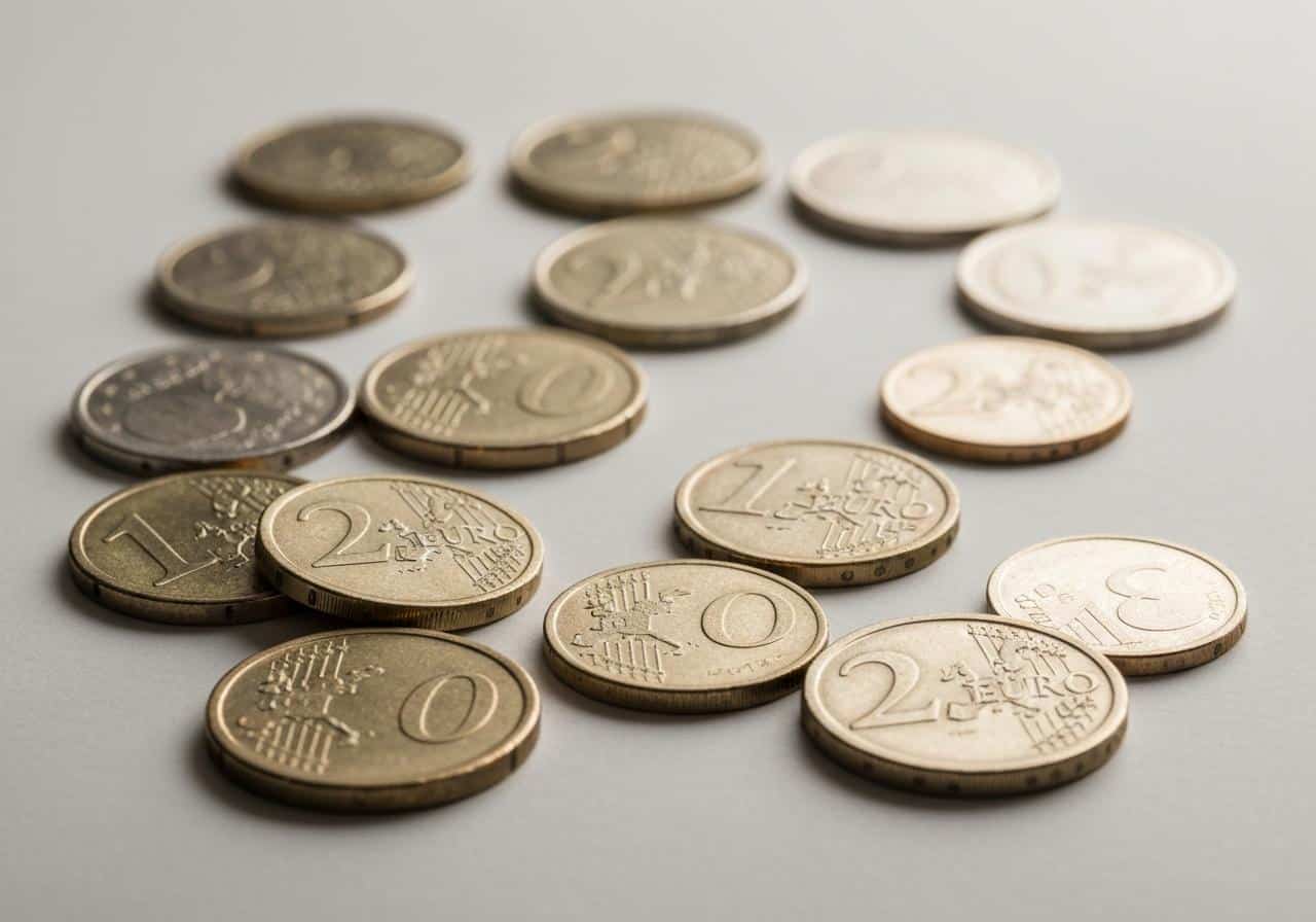 Pièces de monnaie européennes sur fond blanc neutre