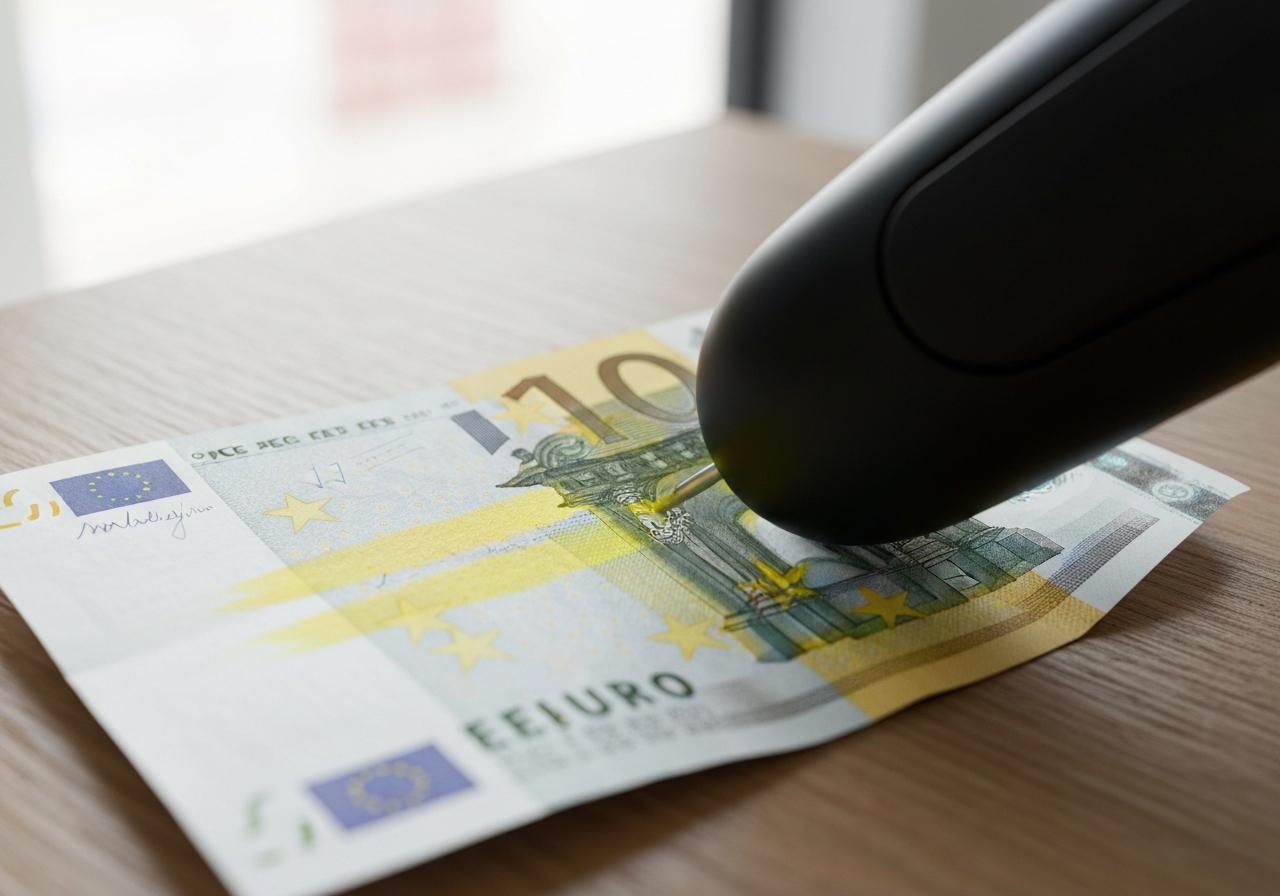Stylo détecteur de faux billets posé sur un billet euro