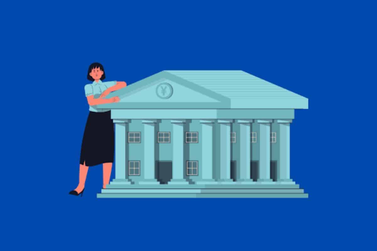 Illustration d'une femme à côté d'une banque